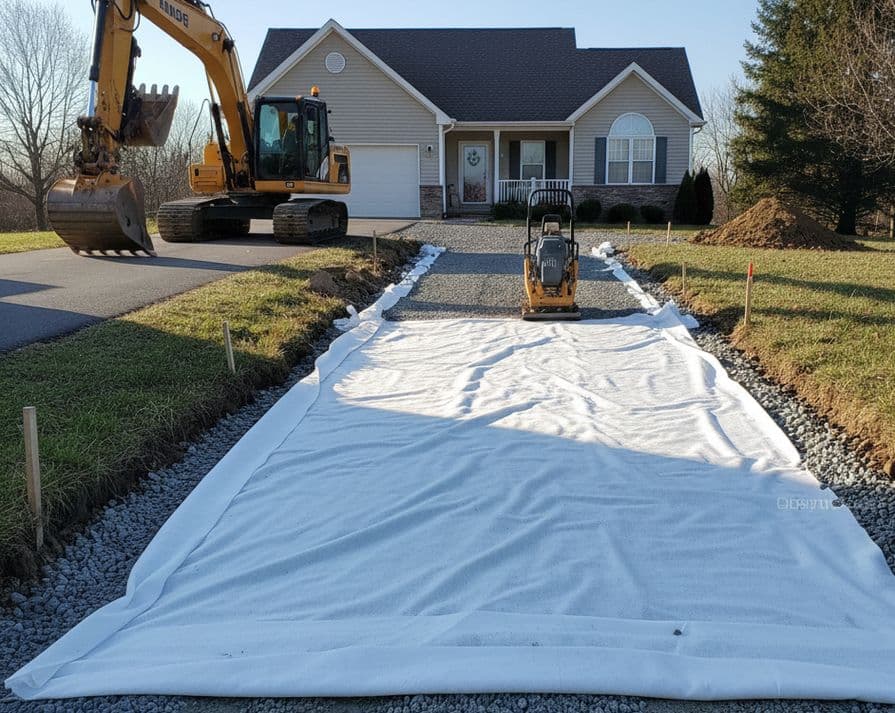 Bílá netkaná geotextilie z polypropylenu položená na půdu při stavbě příjezdové cesty k rodinnému domu.